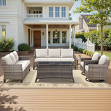Belord 6-piece outdoor patio furniture set with wicker sofas, swivel chairs, coffee table, and side table in a garden setting.
