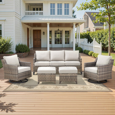 Belord 5-piece outdoor patio furniture set with all-weather wicker, including swivel chairs for a comfortable conversation area.