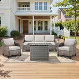 Belord 5-piece outdoor patio furniture set with wicker sofa, two chairs, gray fire pit, and side table for outdoor relaxation.