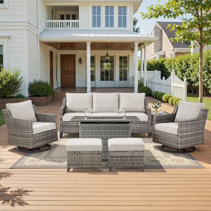 7-Piece Fire Pit Lounge Set: Sofa, 2 Swivel Chairs, Ottoman, Side Table & Long Grey Rattan Fire Pit, FG Series