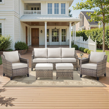 Belord 6-piece wicker patio conversation set with sofa, 2 chairs, 2 ottomans, and side table for outdoor lounging and entertaining