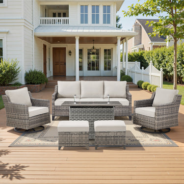 Belord 6-piece fire pit patio set with sofa, swivel chairs, and ottomans in rattan, featuring a hearth fire table for outdoor lounging.