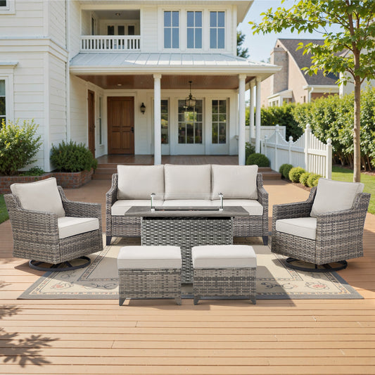 6-Piece Fire Pit Set with Swivel Chairs: Sofa, 2 Swivel Chairs, 2 Ottomans & Long Grey Rattan Fire Pit, FG Series