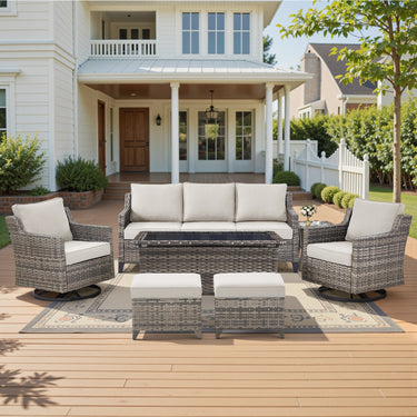 Belord 7-piece patio conversation set with sofa, 2 swivel chairs, coffee table, and 2 ottomans, perfect for outdoor lounging.