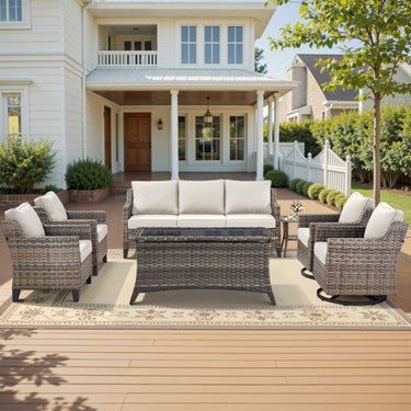 Belord 7-piece patio conversation set with sofa, swivel chairs, coffee table, and side table for outdoor lounging.