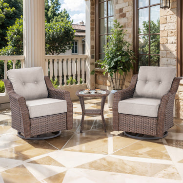 Belord 3-piece outdoor wicker swivel glider chair and side table patio set from the OVOLo Series, featuring cushioned seats and modern design.