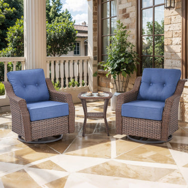 Belord 3-piece outdoor wicker swivel glider chair and side table patio set from the OVOL Series, featuring cushioned seats and woven design.