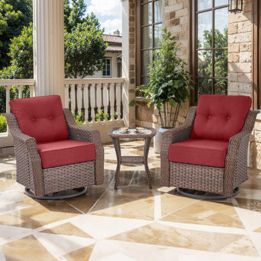 Belord 3-piece outdoor wicker patio conversation set with swivel glider chairs and side table from the OVOL Series.