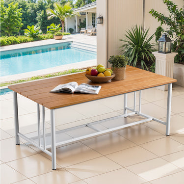 Belord outdoor coffee table from BINGLI Series with polywood slats and drainage gaps, designed for outdoor use.