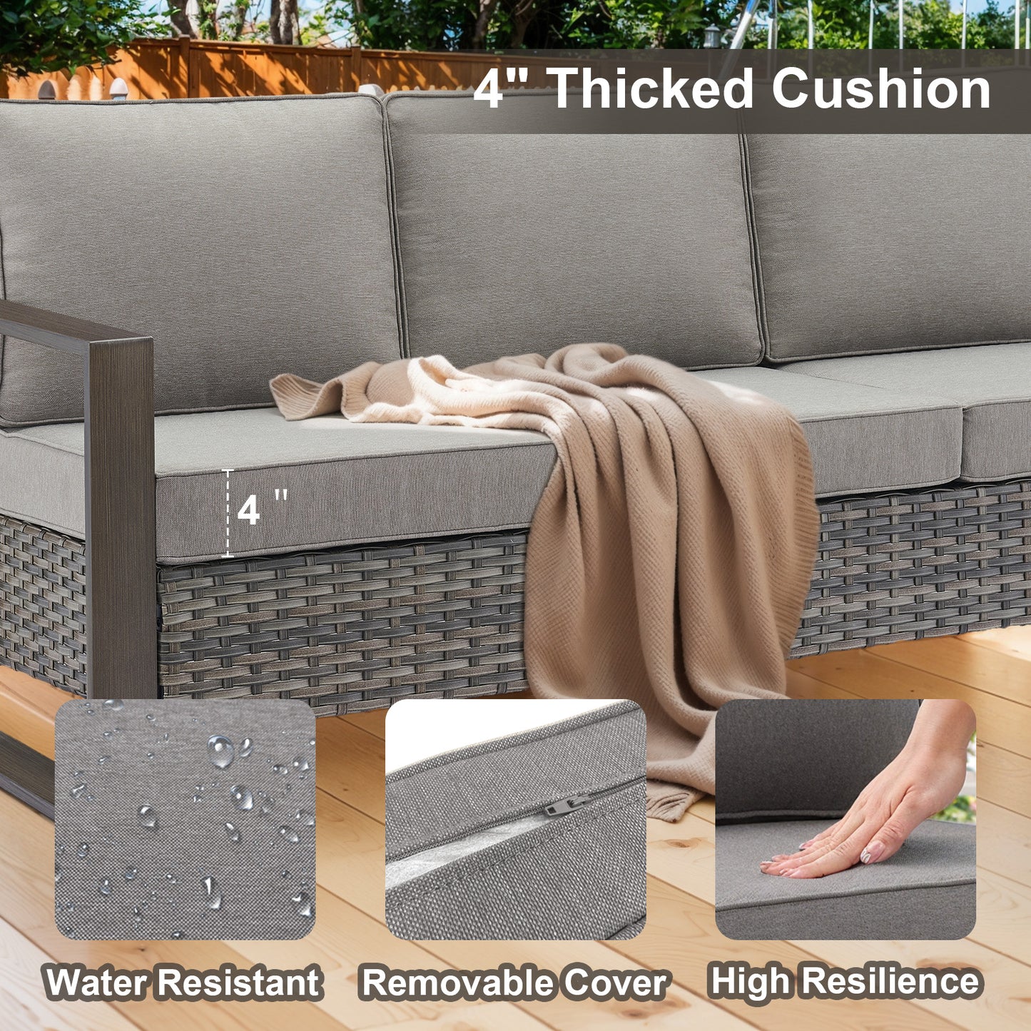 Belord Deep-Seat Wicker Sofa: A Spacious 3-Person Couch with Wood Grain Frame, HOP Series