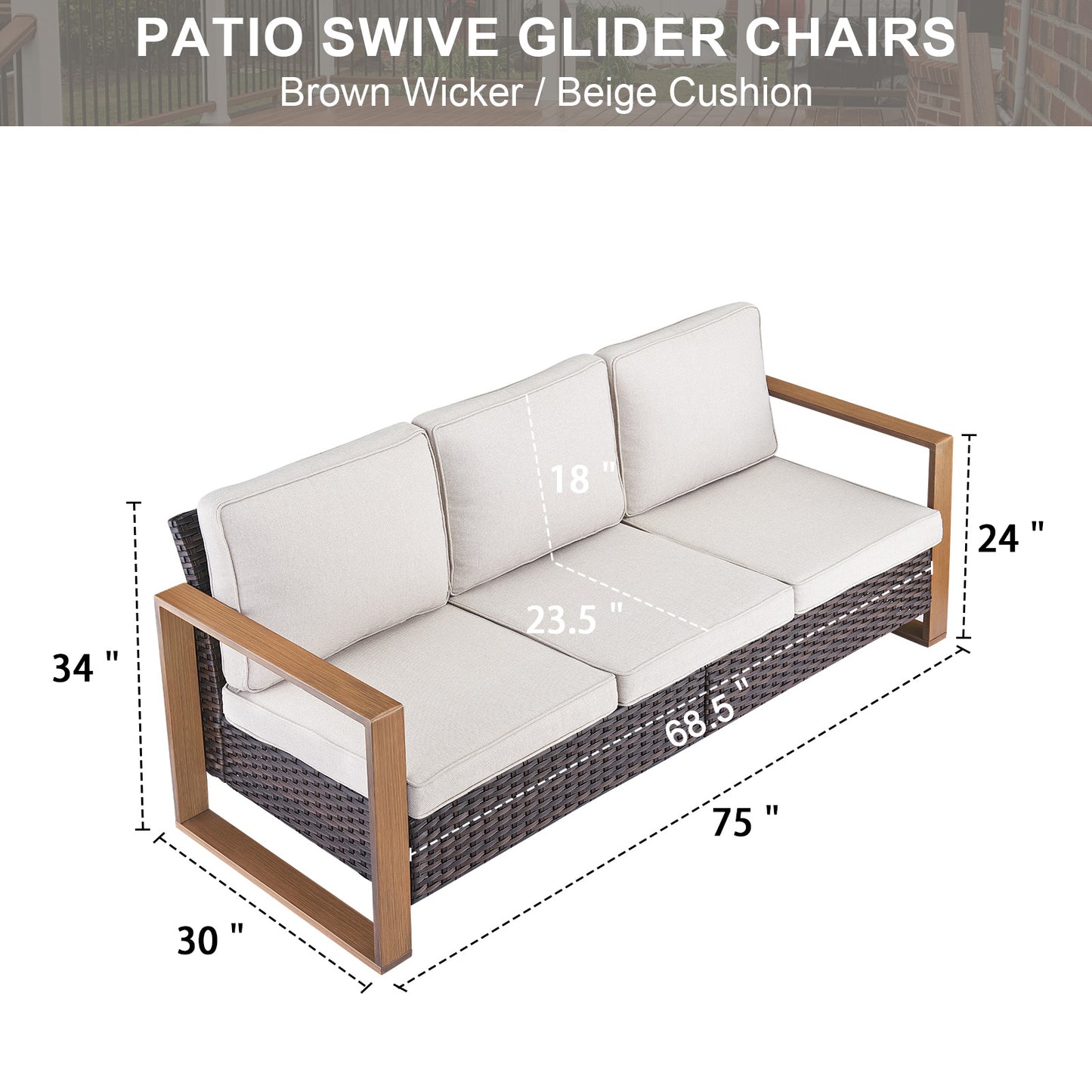 Belord Deep-Seat Wicker Sofa: A Spacious 3-Person Couch with Wood Grain Frame, HOP Series