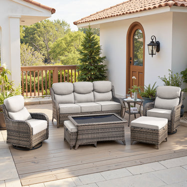Belord 7-piece patio wicker sofa set with swivel chairs, outdoor conversation furniture for garden or patio seating.