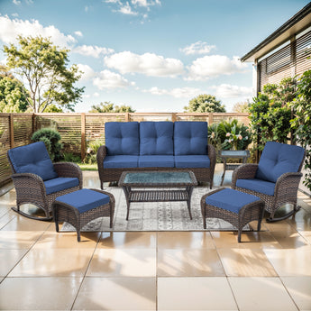 Belord 7-piece wicker patio rocking chairs set with table and ottomans, ideal for outdoor lounge and seating.
