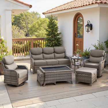 Belord 7-piece patio wicker sofa set with swivel chairs, outdoor conversation set for garden or patio lounging.