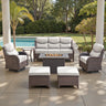 Belord 7-piece patio fire pit set includes sofa and swivel chairs, perfect for outdoor seating and warmth.