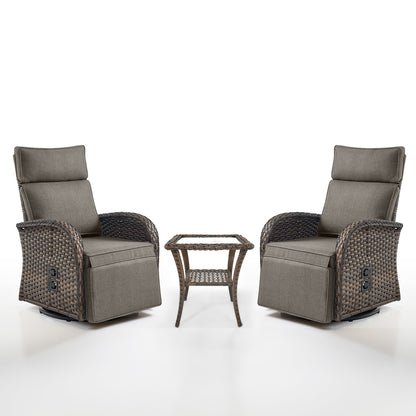 Luxury 3-Piece Adjustable Swivel Set - 360° Rotating PE Wicker Recliners with Side Tables, NDS Series