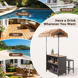 Belord 3-piece outdoor tiki bar set with wicker table, bar stools, canopy, wine rack, and storage for patio entertaining.