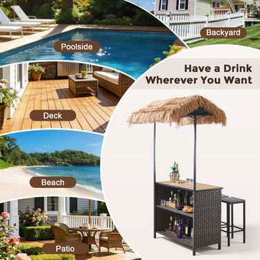 Belord 3-piece outdoor tiki bar set with wicker table, bar stools, canopy, wine rack, and storage for patio entertaining.