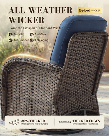 Belord outdoor swivel glider patio chairs with cushioned wicker seats and side table in a luxury outdoor conversation set.