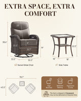 Belord outdoor swivel glider patio chairs with thick cushions and side table in wicker set, perfect for relaxed outdoor conversation.