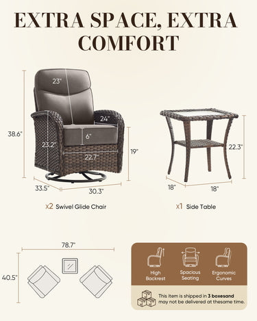 Belord outdoor swivel glider patio chairs with thick cushions and side table in wicker set, perfect for relaxed outdoor conversation.