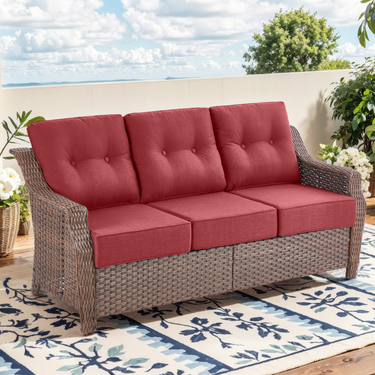Belord outdoor wicker 3-seat patio sofa with thick cushions from the OVOLO Series, perfect for outdoor conversation areas.