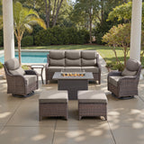 Belord 7-piece patio fire pit set with sofa and swivel chairs, outdoor fire table set for patio lounging and gatherings.