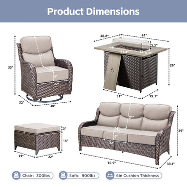 Belord 8-piece patio fire pit set with sofa, swivel chairs, and rattan table, ideal for outdoor relaxation and entertaining.