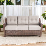 Belord outdoor wicker 3-seat patio sofa with plush 6-inch cushions from the OVOL series, ideal for outdoor conversation spaces.