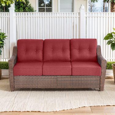 Belord Outdoor Wicker 3-Seat Sofa with 6-inch cushions from the OVOLO Series, perfect for patio conversation and outdoor lounging.