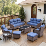 Belord 8-piece patio wicker sofa set with swivel rocker chairs, perfect for outdoor conversation and relaxation.
