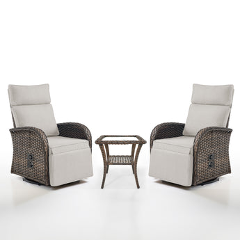 Luxury 3-Piece Adjustable Swivel Set - 360° Rotating PE Wicker Recliners with Side Tables, NDS Series - Belord