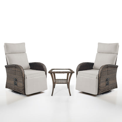 Luxury 3-Piece Adjustable Swivel Set - 360° Rotating PE Wicker Recliners with Side Tables, NDS Series