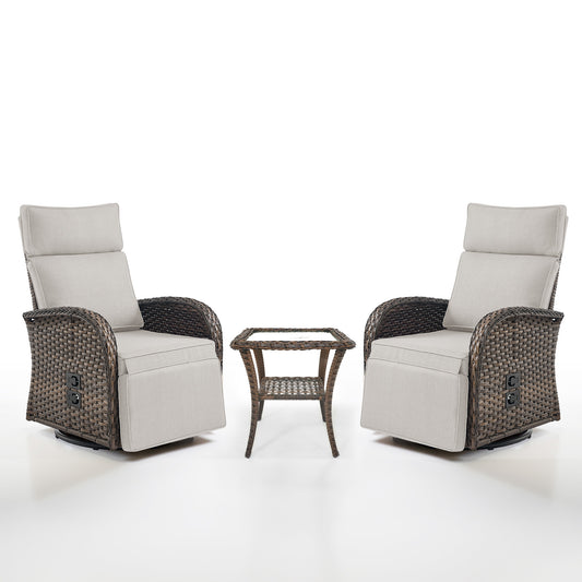 Luxury 3-Piece Adjustable Swivel Set - 360° Rotating PE Wicker Recliners with Side Tables, NDS Series