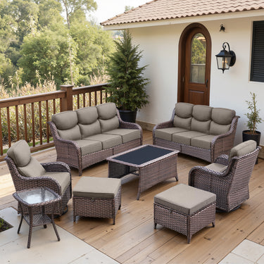 Belord 8-piece patio wicker sofa set with swivel rocker chairs, NT Series, featuring cushioned seating and stylish outdoor design.