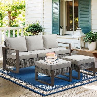 Belord deep-seat wicker patio sofa with wood grain frame, spacious 3-person outdoor conversation set from HOP Series