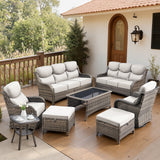 Belord 8-piece patio wicker sofa set with swivel rocker chairs, featuring plush cushions and a stylish outdoor conversation arrangement.