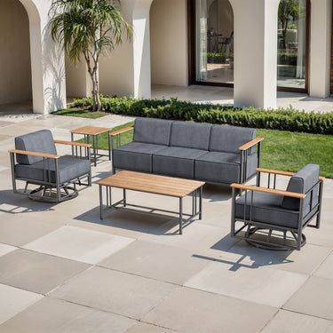 Belord 5-piece patio furniture set with swivel chairs, sofa, and tables from the BINGLI Series, perfect for outdoor lounging.