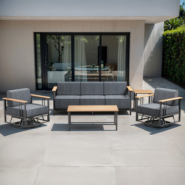 Belord 5-piece patio furniture set with swivel chairs, sofa, and tables from the BINGLI Series, outdoor seating for patio relaxation.