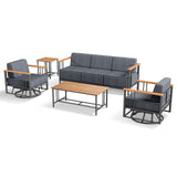 Belord 5-piece patio furniture set with swivel chairs, sofa, and tables from the BINGLI series, shown in an outdoor setting.