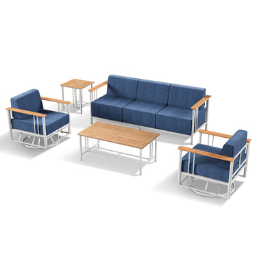 Belord BINGLI 5-piece patio furniture set with swivel chairs, sofa, and tables for outdoor relaxation.