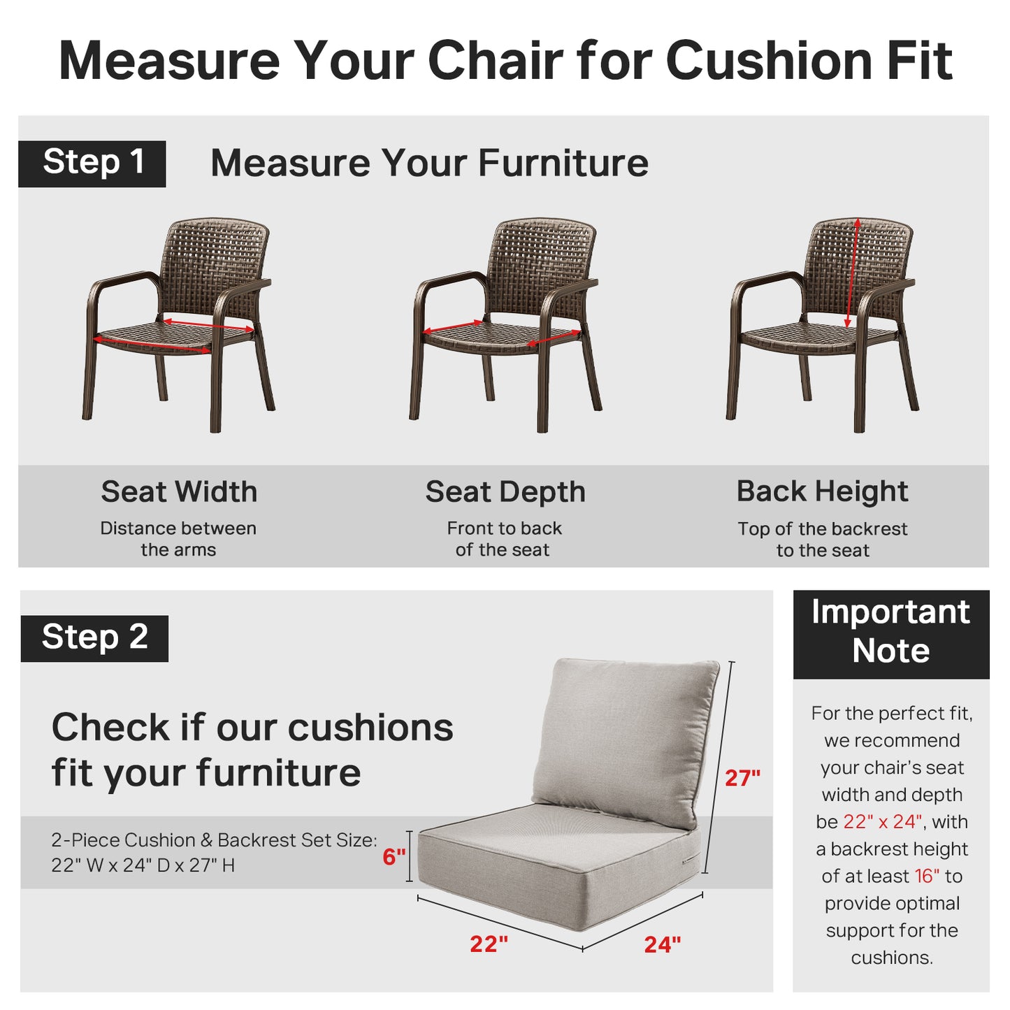 Belord 4-Piece Replacement Seat Back Cushions Set with Olefin Fabric and Zipper, 6"H x 22"W x 24"D