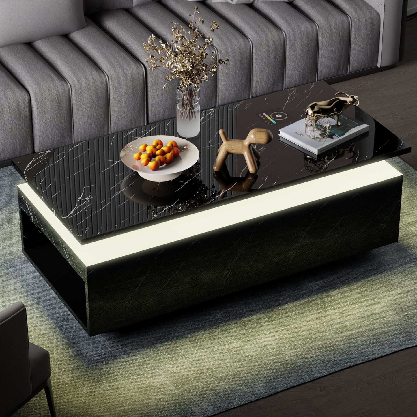 Save 50% - LED Coffee Table with Wireless Charging & Built-in Speaker, Modern High-Gloss Center Table with Storage for Living Room