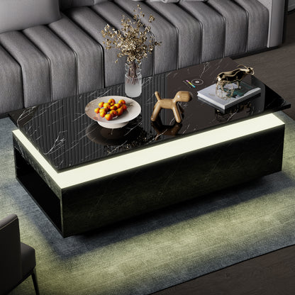 Save 50% - LED Coffee Table with Wireless Charging & Built-in Speaker, Modern High-Gloss Center Table with Storage for Living Room