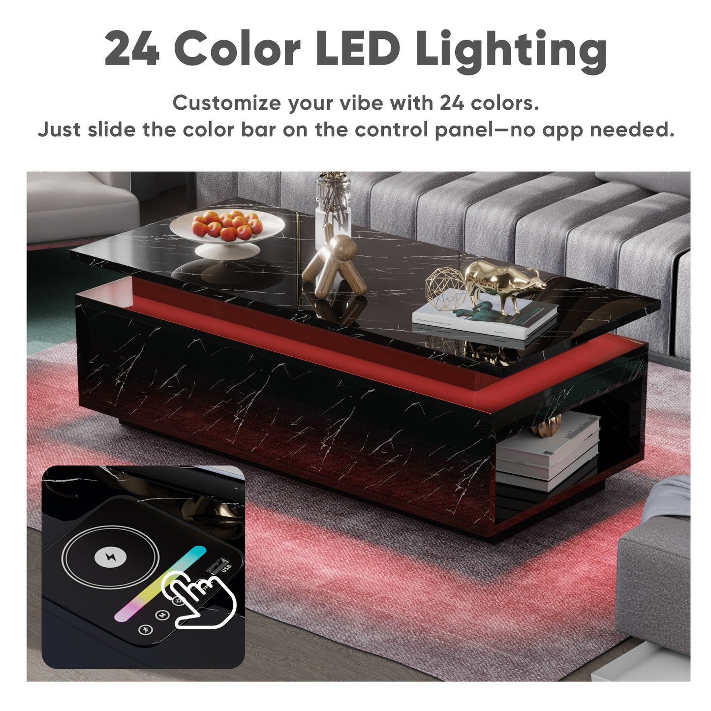 Save 50% - LED Coffee Table with Wireless Charging & Built-in Speaker, Modern High-Gloss Center Table with Storage for Living Room