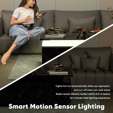 Belord LED coffee table with wireless charging, built-in speaker, high-gloss finish, modern design, and storage for living room use