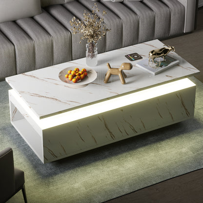 Save 50% - LED Coffee Table with Wireless Charging & Built-in Speaker, Modern High-Gloss Center Table with Storage for Living Room