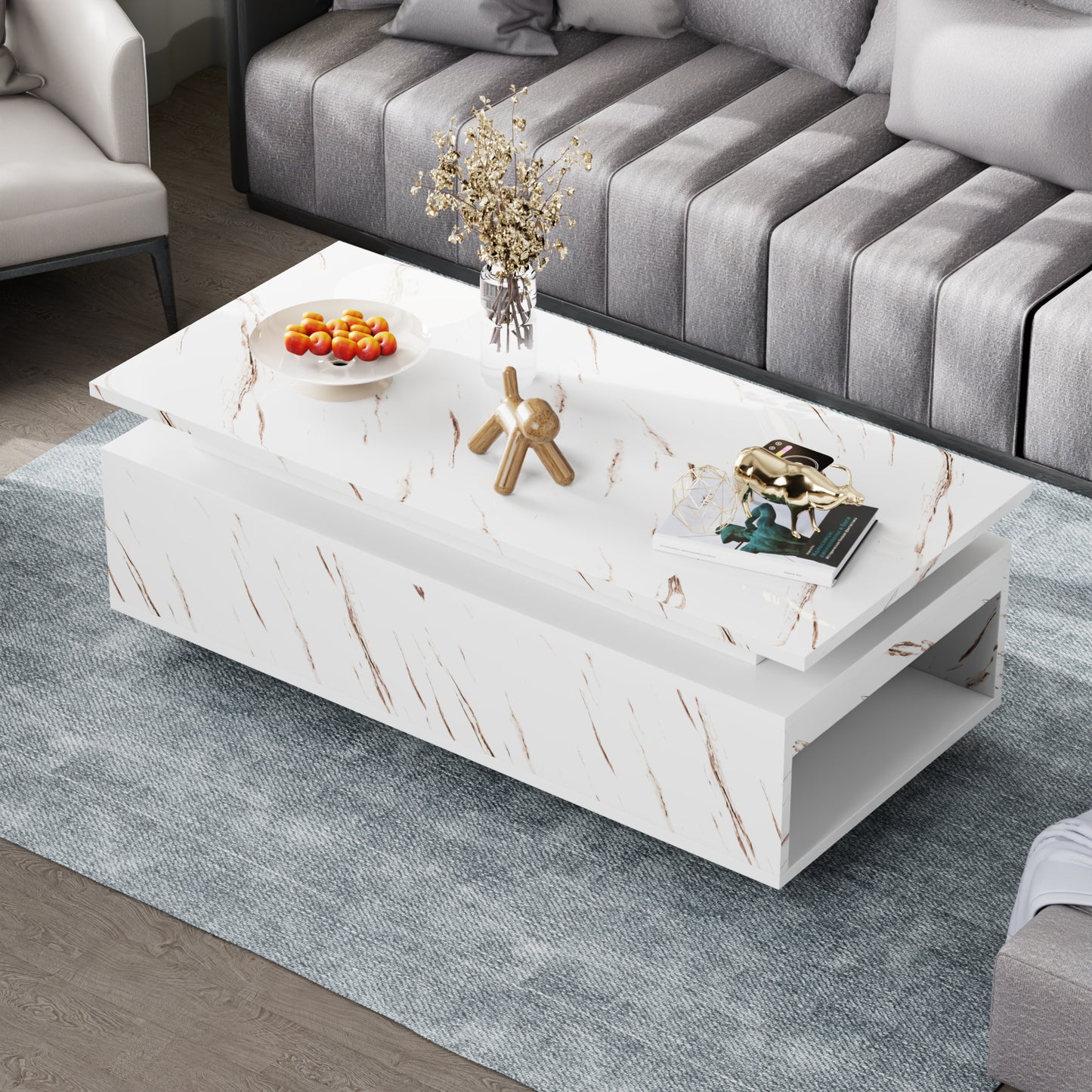 Save 50% - LED Coffee Table with Wireless Charging & Built-in Speaker, Modern High-Gloss Center Table with Storage for Living Room