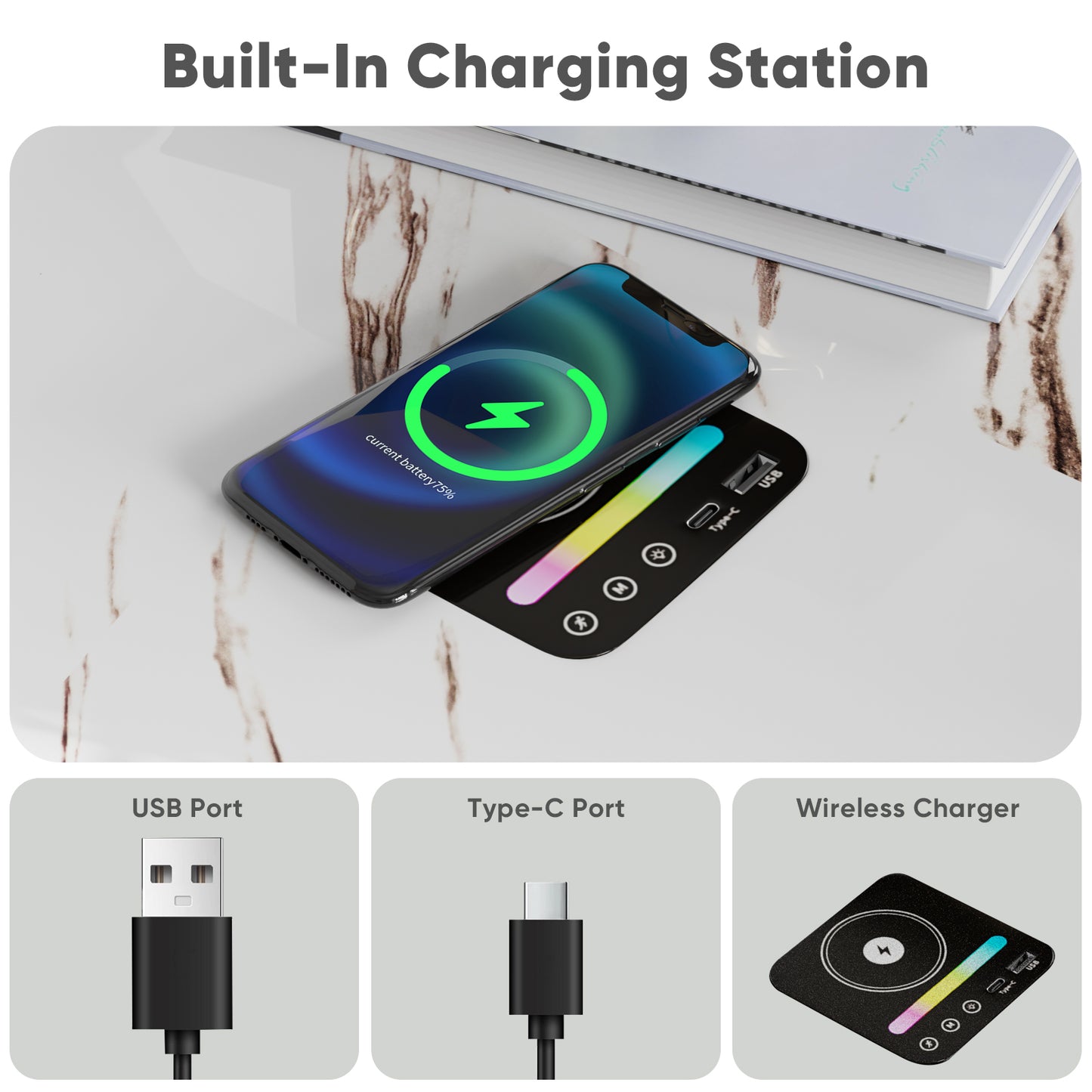 Save 50% - LED Coffee Table with Wireless Charging & Built-in Speaker, Modern High-Gloss Center Table with Storage for Living Room