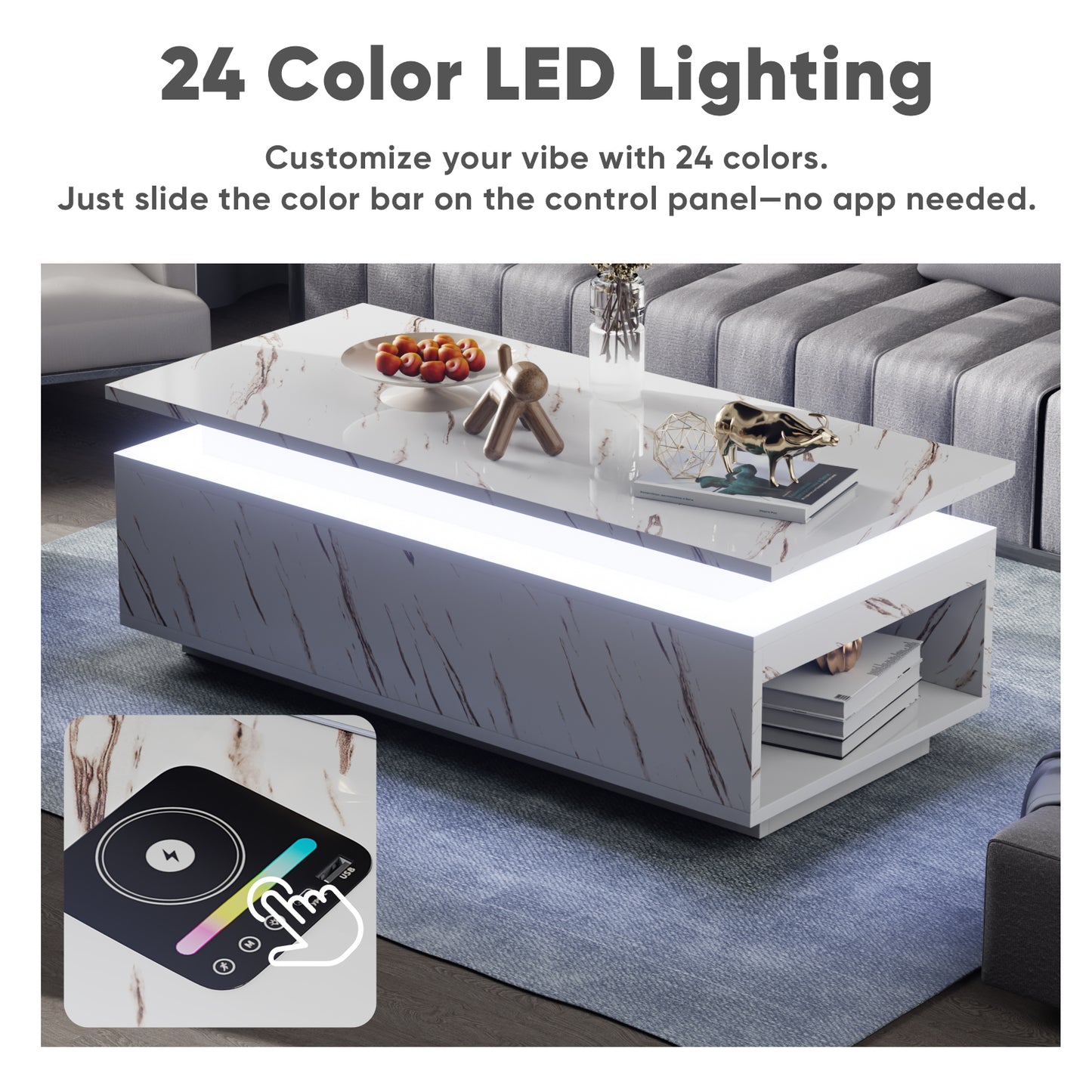 Save 50% - LED Coffee Table with Wireless Charging & Built-in Speaker, Modern High-Gloss Center Table with Storage for Living Room